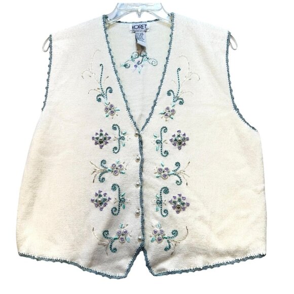 Koret Womens Embroidered Floral Vest L Ivory Green Purple Pearl Button Croquette - Picture 1 of 14